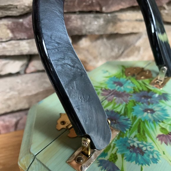 VTG Wood Decoupage Purse Floral 60s 70s Pearlized Handle Felt Lined - Picture 11 of 12